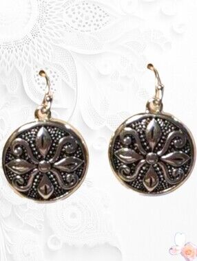 Ear Sense Round Fleur-de-Lis Textured Dangle Earrings  Silver Nickel-Free 201